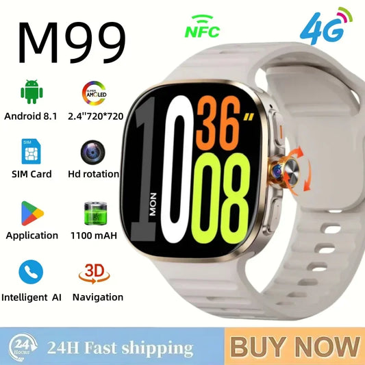 M99 5G Smartwatch: 2,4" AMOLED-Bildschirm, drehbare Kamera, SIM- und WLAN-Unterstützung für eigenständige Anrufe und soziale Medien.
