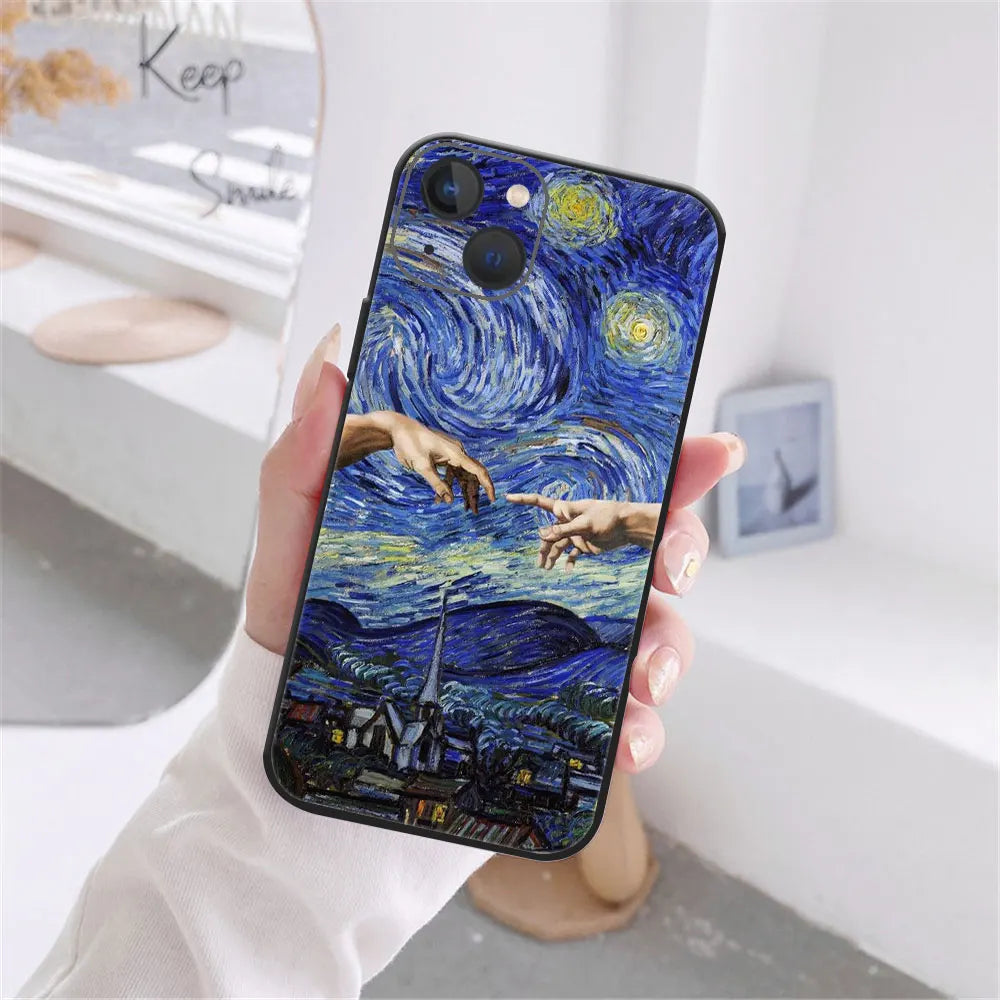 Art Van Gogh Sternenklare Sonnenblume Handyhülle für iPhone 11 12 13 14 15 16 17 Pro Max 17AIR 14 15 16 Plus Schwarze Weiche Silikonhülle