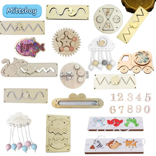 DIY Busy Board Montessori Educational Toys Animal Slide Zipper Numeric Letter Cloud Wood Chip Graphic Pairing Wooden Parts Gifts
