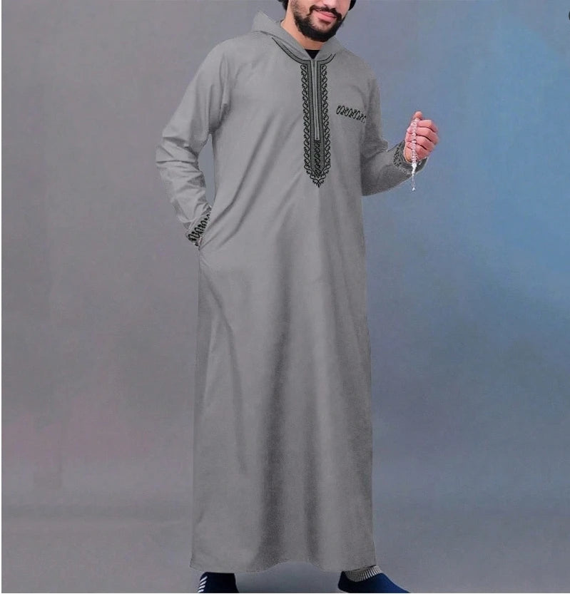 Robe à capuche marocaine Luxe homme brodé manche longue poche Vêtement musulman Abaya Moyen-Orient Djellaba Qamis