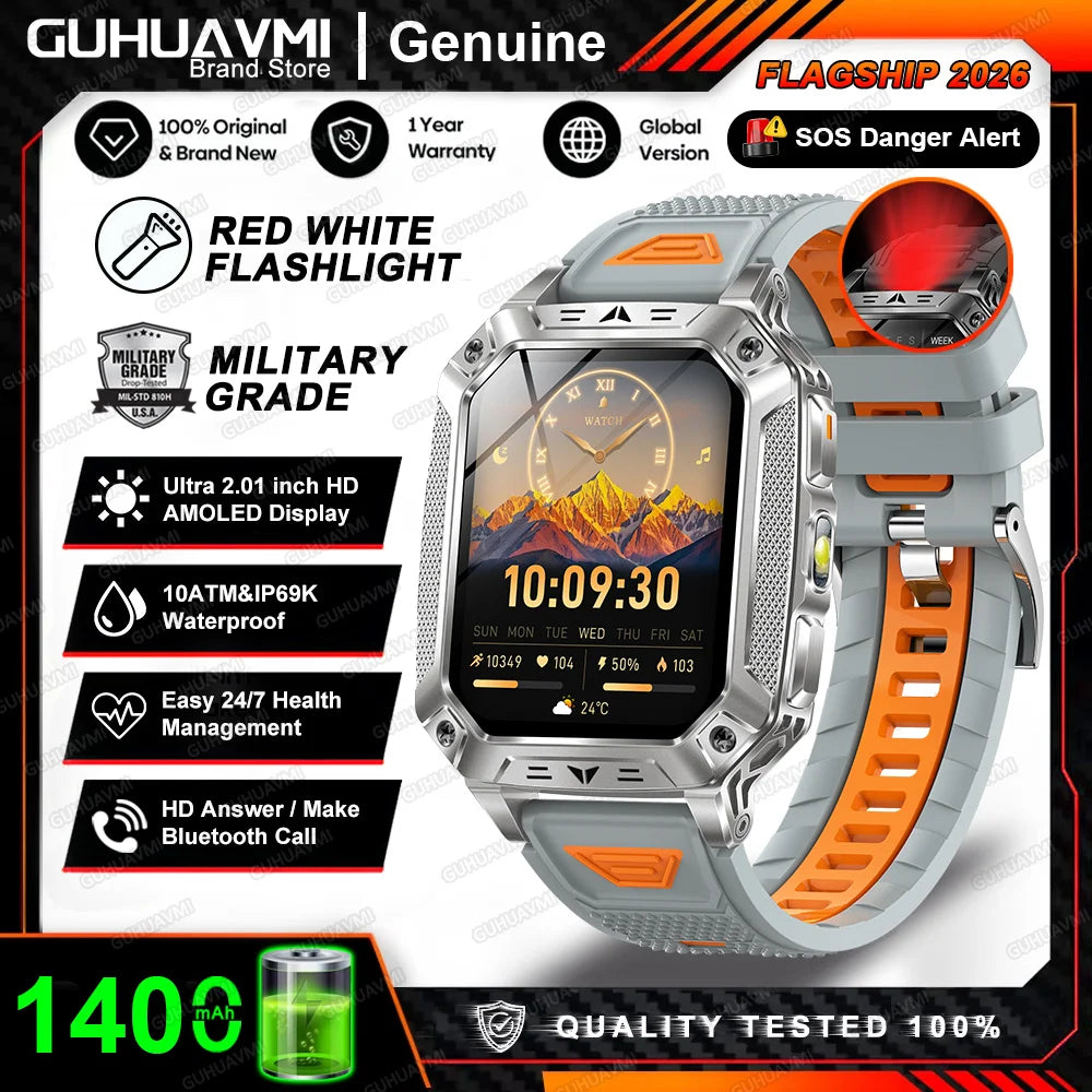 Montre connectée homme 2026 avec batterie ultra-large intégrée de 1400 mAh, GPS extérieur, écran AMOLED de 2,01", étanche 10 ATM, appel BT