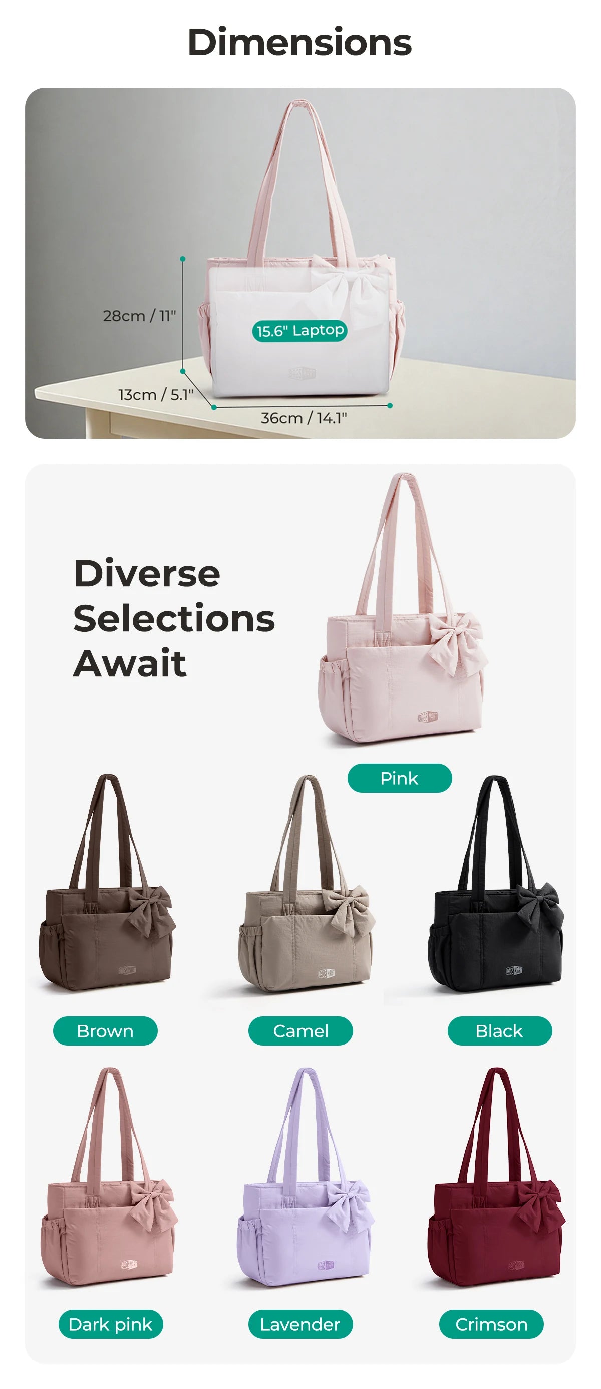 BAGSMART Sac fourre-tout trois tailles avec plusieurs poches, sac à main gonflé, sac à bandoulière décontracté, sac fourre-tout grande capacité