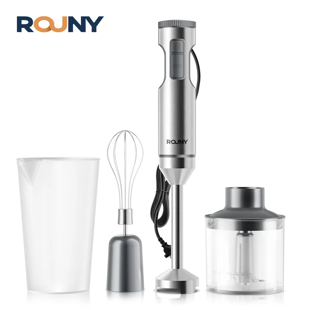 ROUNY Mixeur plongeant 4-en-1 1000 W puissant, mixeur manuel en acier inoxydable, gobelet de mélange de 700 ml, hachoir de 500 ml, fouet