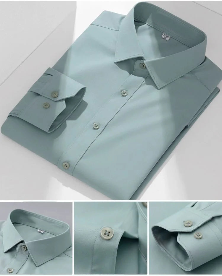 Chemise de Travail Blanche Homme en Fibre de Bambou Bleue 8XL Manches Longues Bureau Affaires Anti-rides Infroissable Décontractée