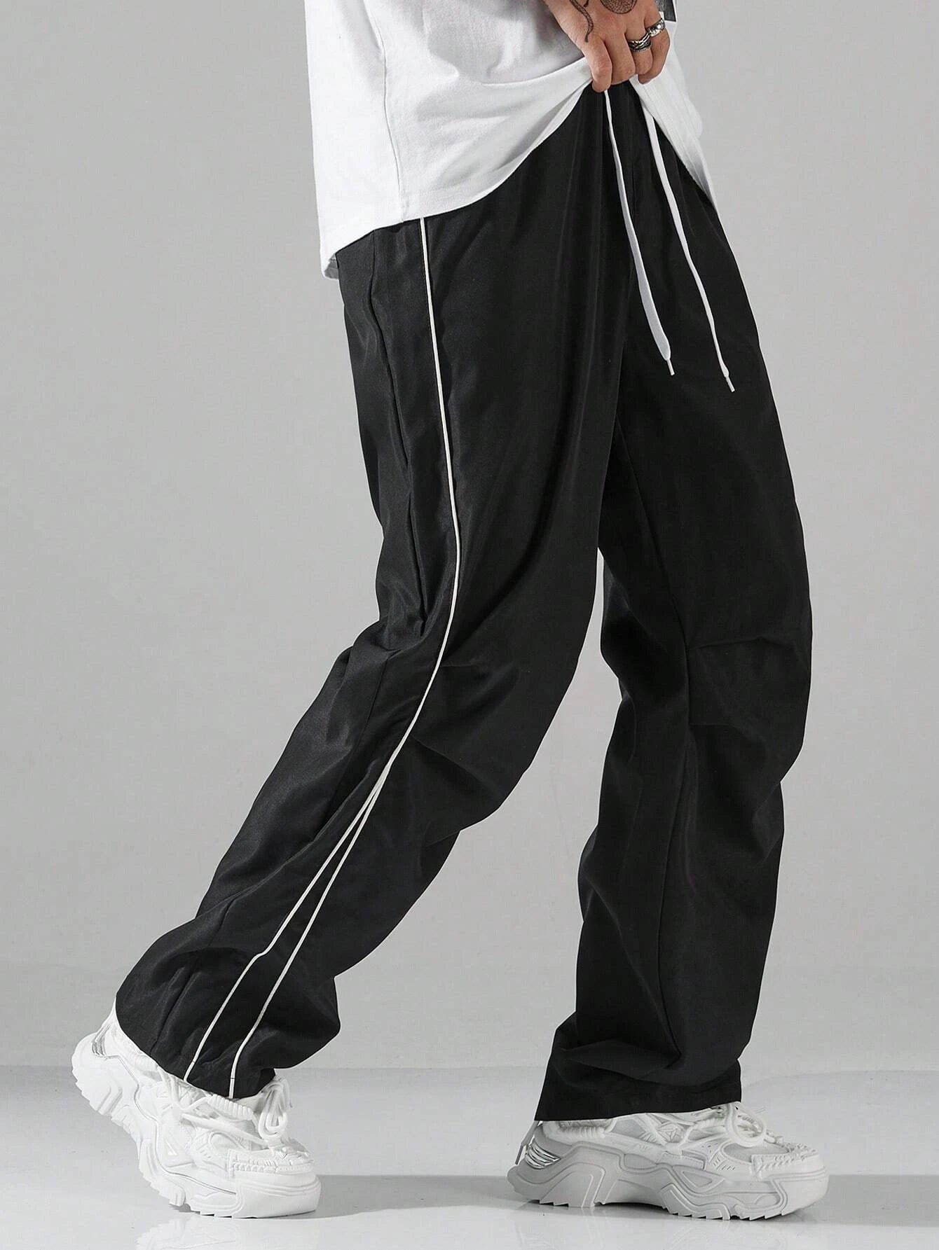 Larbulse Herren-Hosen mit Kontrastbesatz, modische Freizeithosen, einfarbig, atmungsaktiv, locker, gerades Bein, Kordelzug, Streetwear
