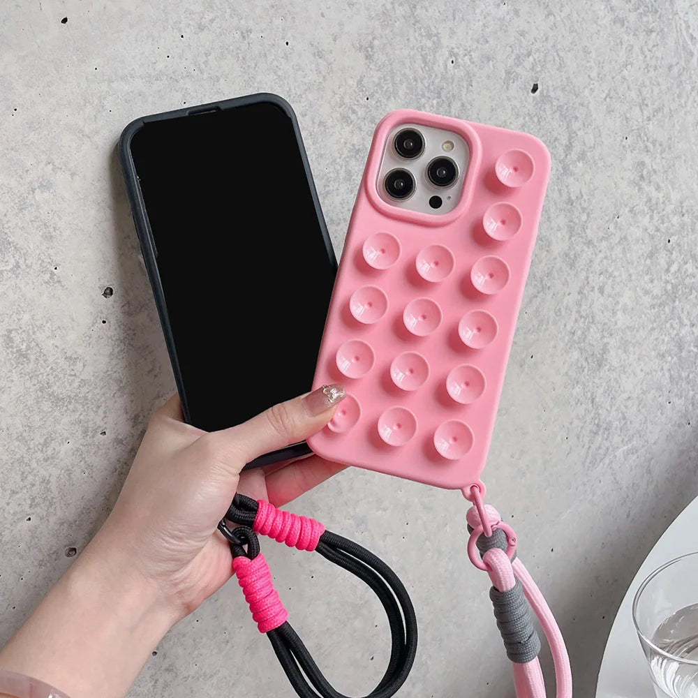 Suction Cup Phone Case For iPhone 16 Pro Max Case iPhone 17 13 11 12 14 15 Pro Max 14 Plus Wrist Strap Bracelet Lanyard Cover