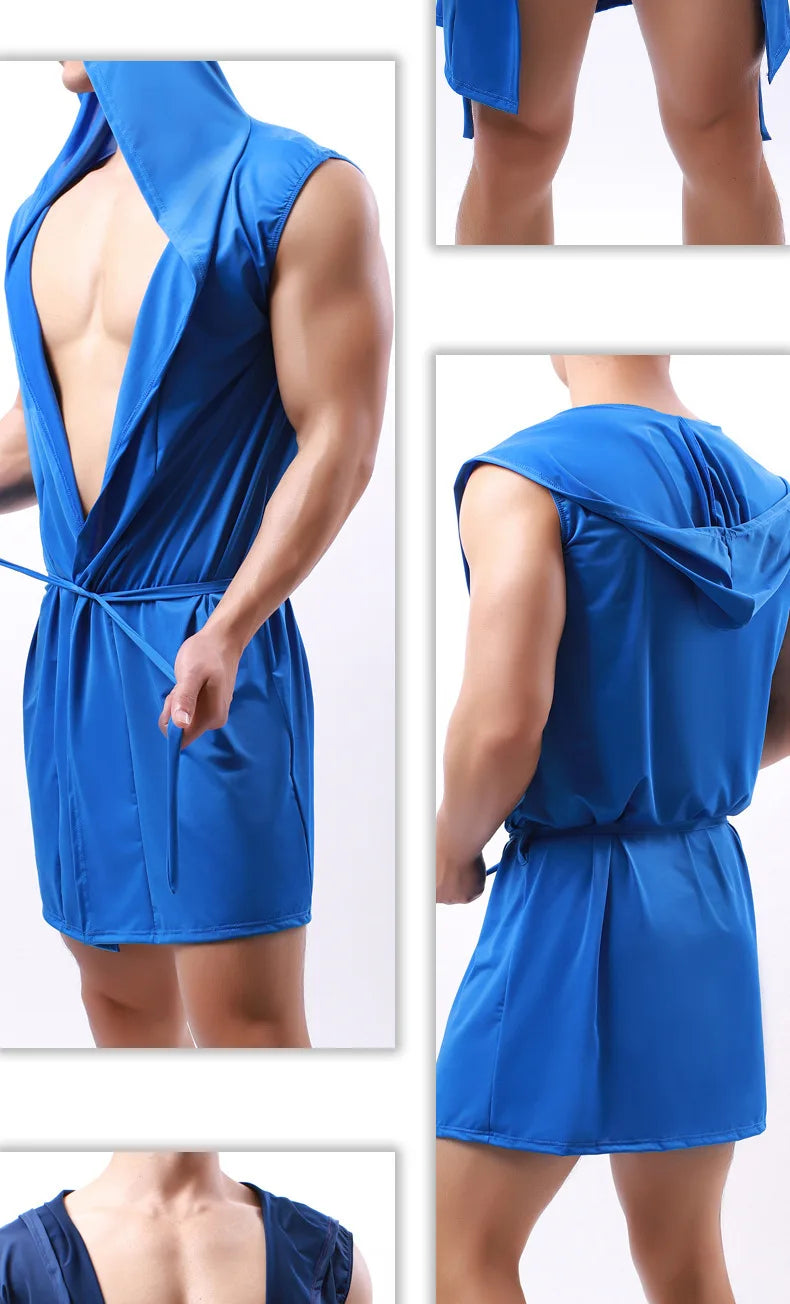 Sexy Nachtwäsche Herren Bademäntel Weich Seidig Ärmelloses Nachthemd Herren Homewear Morgenmantel Herren Pyjamas (Keine Shorts)