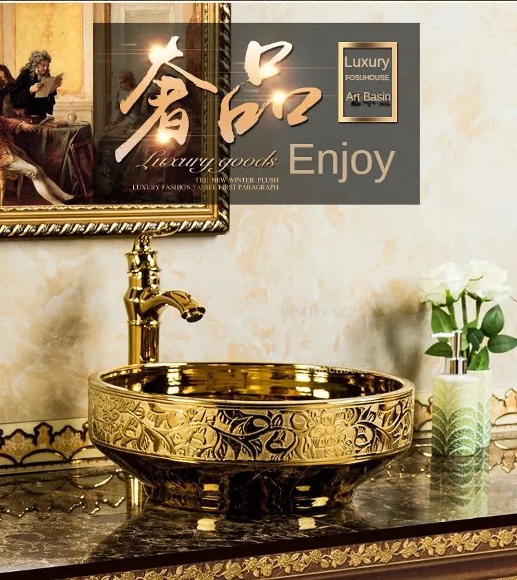 A17 Luxus Gold Badezimmer Waschbecken Haushalt Keramik Waschbecken Kreative Toilette Rund Aufsatzwaschbecken Einfaches Badezimmer Zubehö