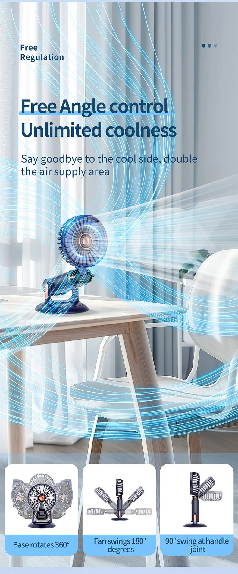 Mini ventilateur portable 3000 mAh pliable, à poser sur un bureau, à suspendre autour du cou, 5 vitesses, rechargeable par USB, support de téléphone, écran d'affichage