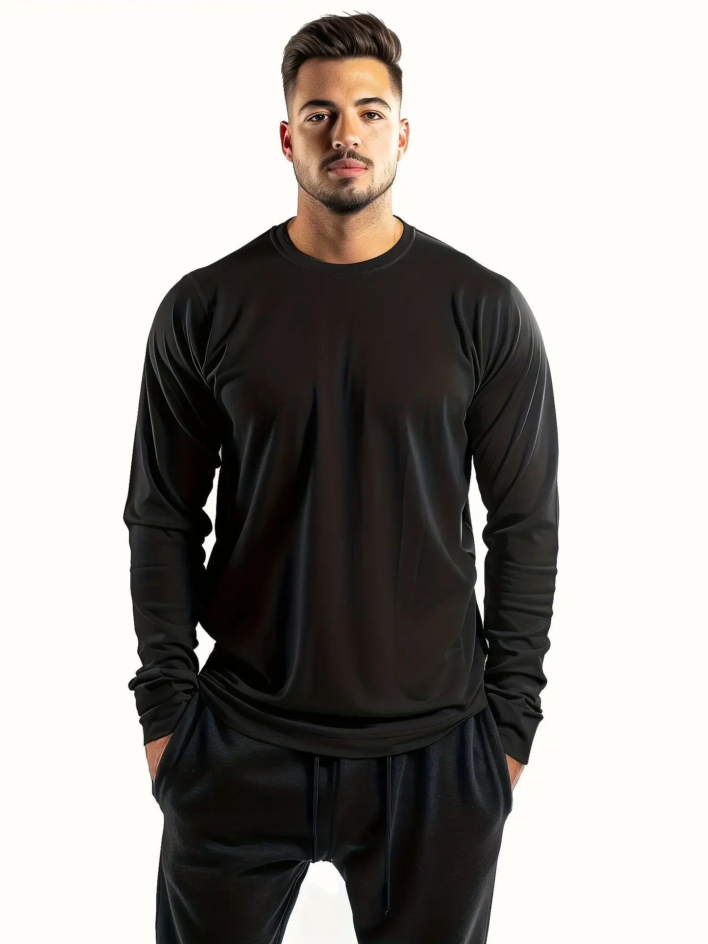 T-shirt à manches longues et col rond pour homme, couleur unie, lot de 5, design polyvalent, confortable et tendance