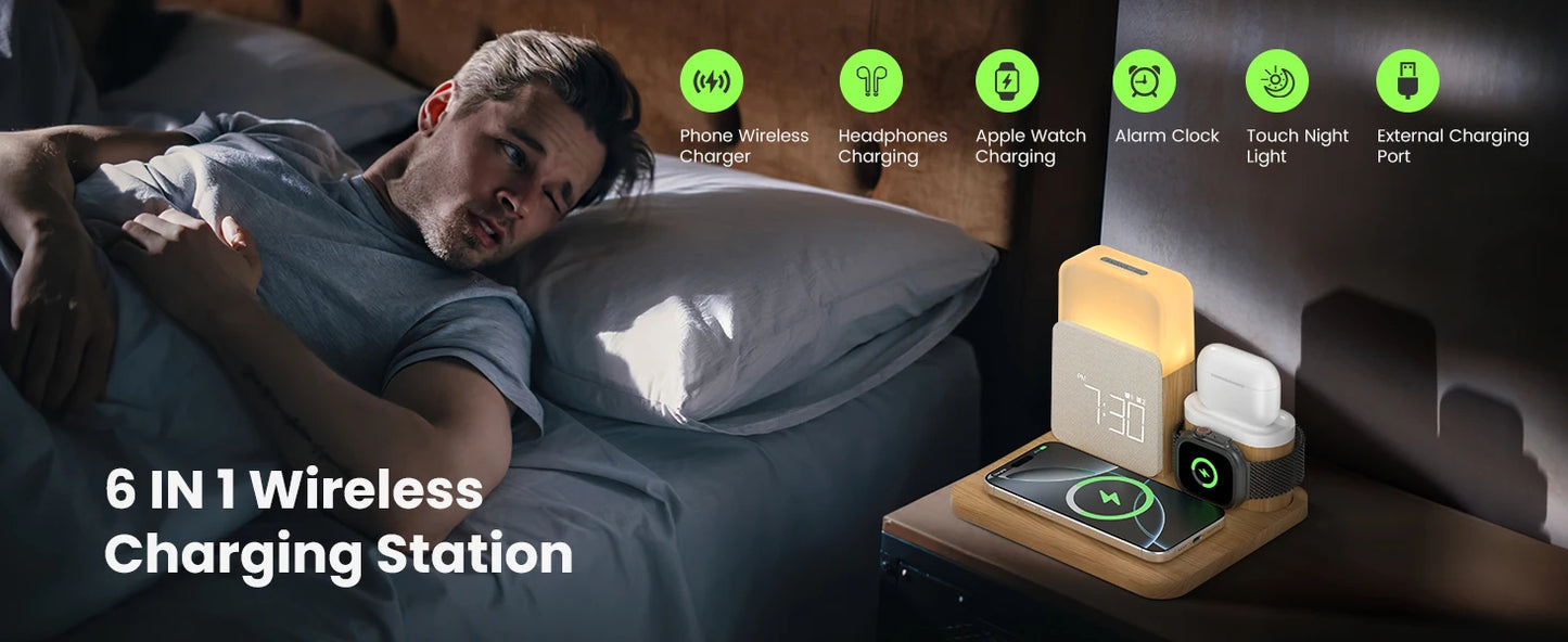 Chargeur réveil MagSafe 7-en-1 - Station sans fil pour iPhone 12-16/Samsung/Xiaomi/Huawei/Apple Watch/AirPods avec veilleuse