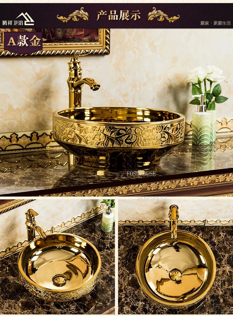 A17 Luxus Gold Badezimmer Waschbecken Haushalt Keramik Waschbecken Kreative Toilette Rund Aufsatzwaschbecken Einfaches Badezimmer Zubehö