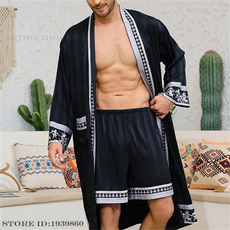 Frühling Sommer Neu Herren Schlafanzug 2-teiliges Roben-Shorts-Set Barockstil Seidensatin Kimono Bademantel Nachthemd Lose Homewear Loungewear