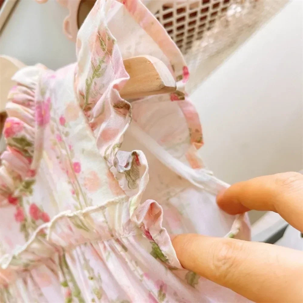 3-7 Years Old Summer New Princess Dress Pink Round Neck Sleeveless Lace Flower Print Girls' Casual Clothes Birthday Party Wear
