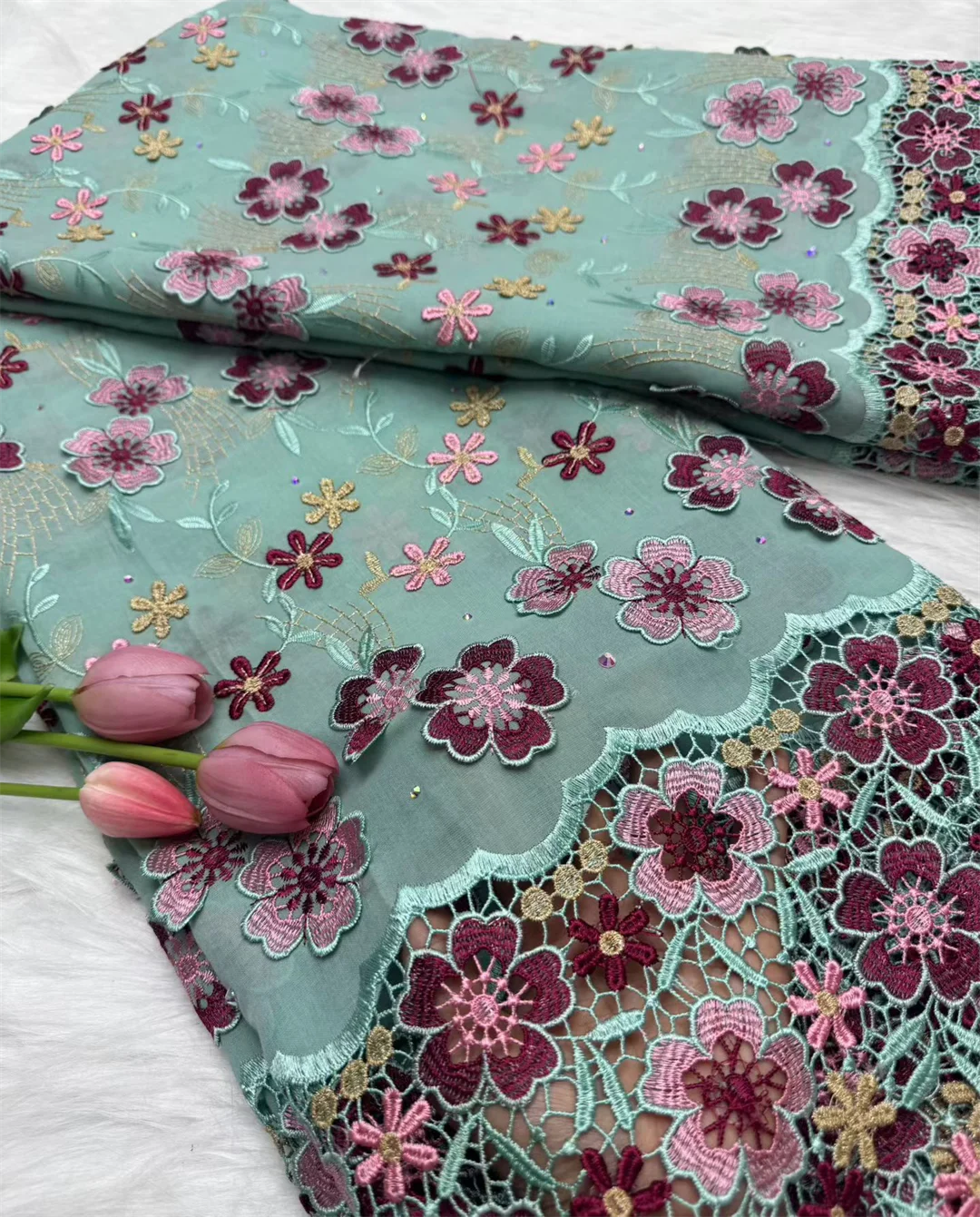 Swiss Voile Lace In Switzerland With 3D Flower Applique Stones 2026 Super Quality African Lace Fabric For Wedding Lace Dress