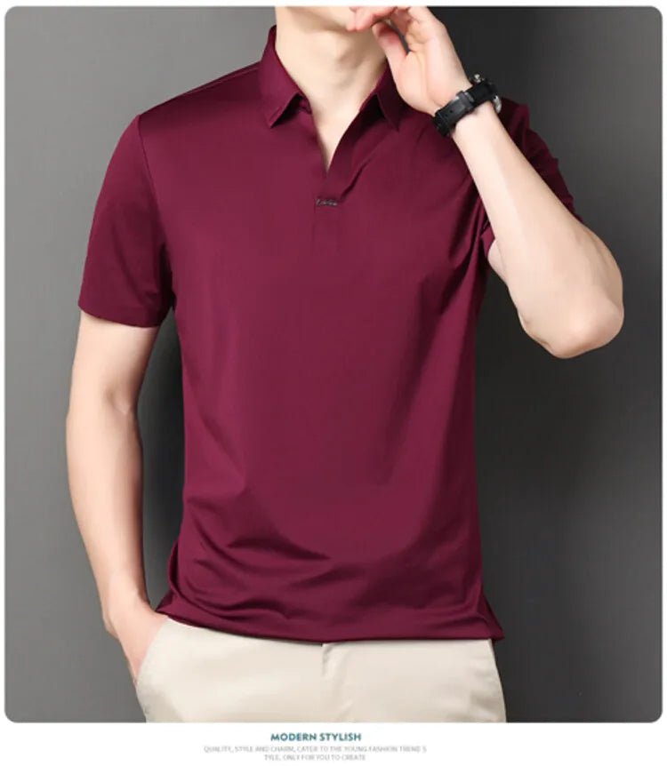 Polo 2024 de haute qualité, extensible et élastique, Chemise à manches courtes pour hommes, style décontracté, Col en V sans coutures, Polo pour hommes M-4XL