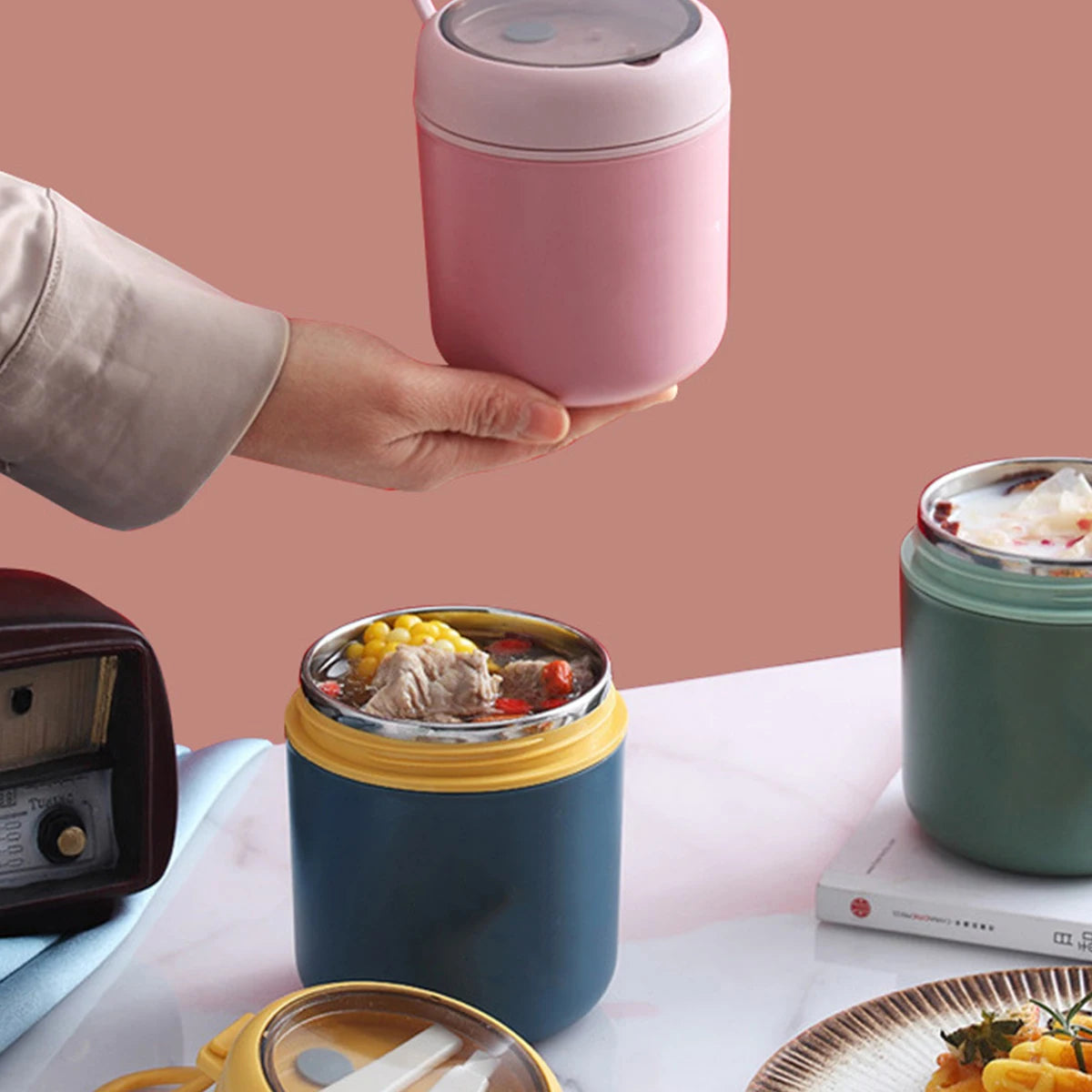 Récipient alimentaire isotherme sous vide pour aliments chauds en acier inoxydable 304 avec cuillère pliable et poignée, thermos portable pour le bureau et le travail
