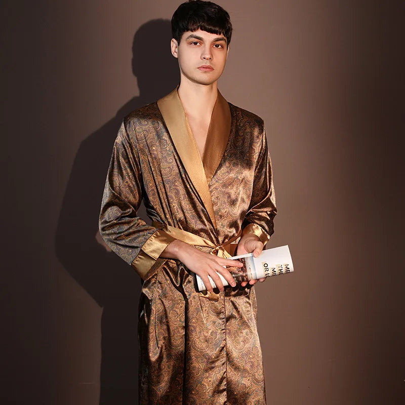 Peignoir d'été fin pour hommes, Robe de nuit de haute qualité, Peignoir une pièce, Vêtements d'intérieur masculins, Pyjama en soie glacée imprimé de grande taille pour homme, printemps