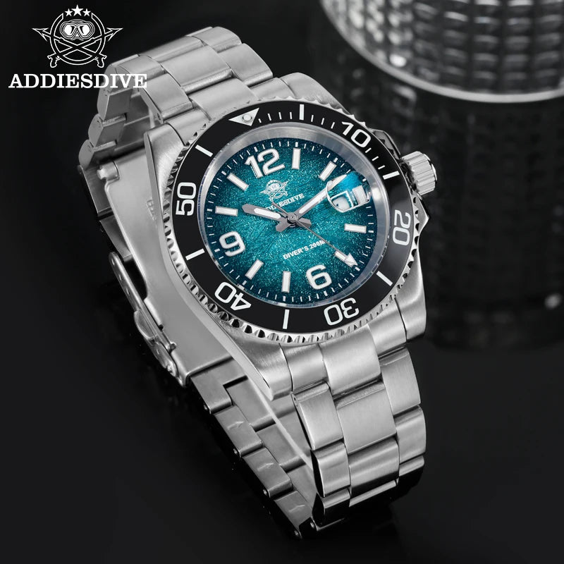 Montre de Plongée Homme ADDIESDIVE 41mm AD2513 Étanche 200m Acier Inoxydable 316L Montre-Bracelet à Quartz Calendrier BGW9 Super Lumineux