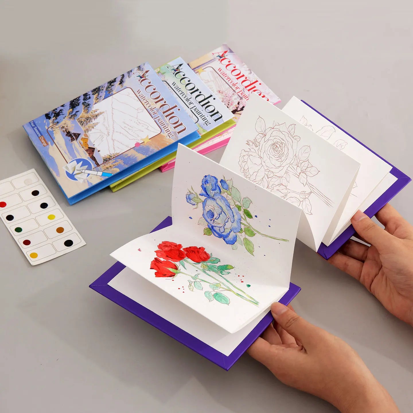 Aquarell-Malbuch mit integrierter Palette, Pop-up-Papier und Farben – Geschenk für junge Künstler und Doodle-Liebhaber