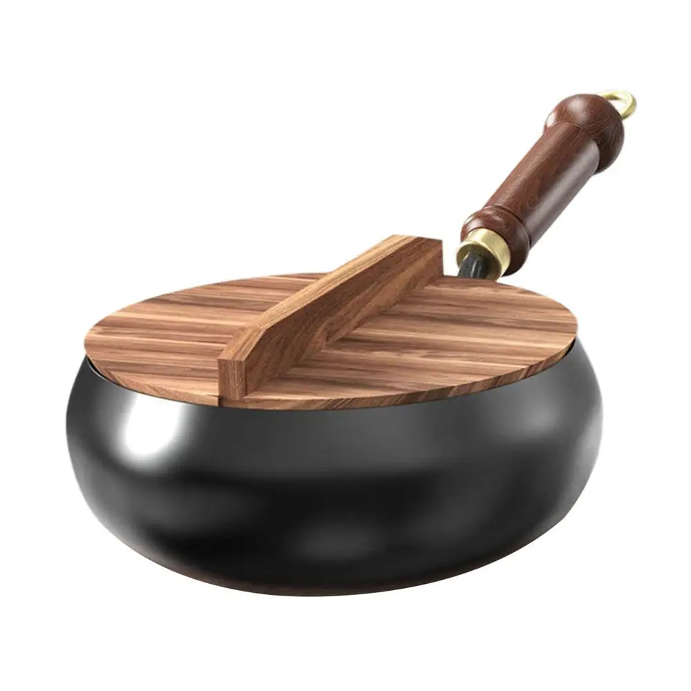 Großer Antihaft-Wok, chinesische Pfanne mit flachem Boden, unbeschichtet, tiefer Eisentopf mit Holzdeckel, 24 cm Durchmesser, Bratpfanne