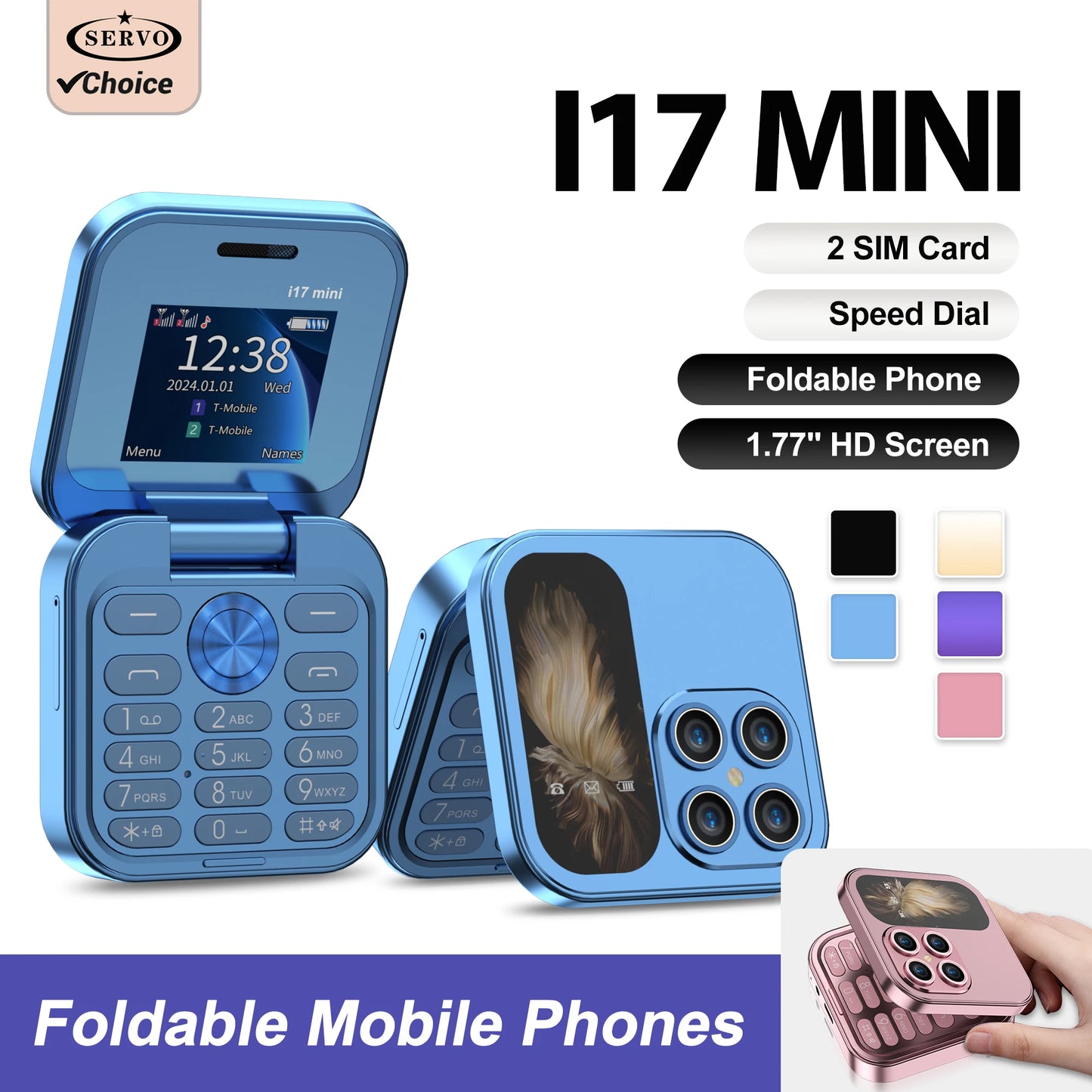 Téléphone portable à clapet SERVO i17Mini 2G, petit, à double carte SIM, à numérotation rapide, avec fonction Magic Voice, MP3, lampe de poche, mini téléphone pliable, radio FM, offre spéciale 2025
