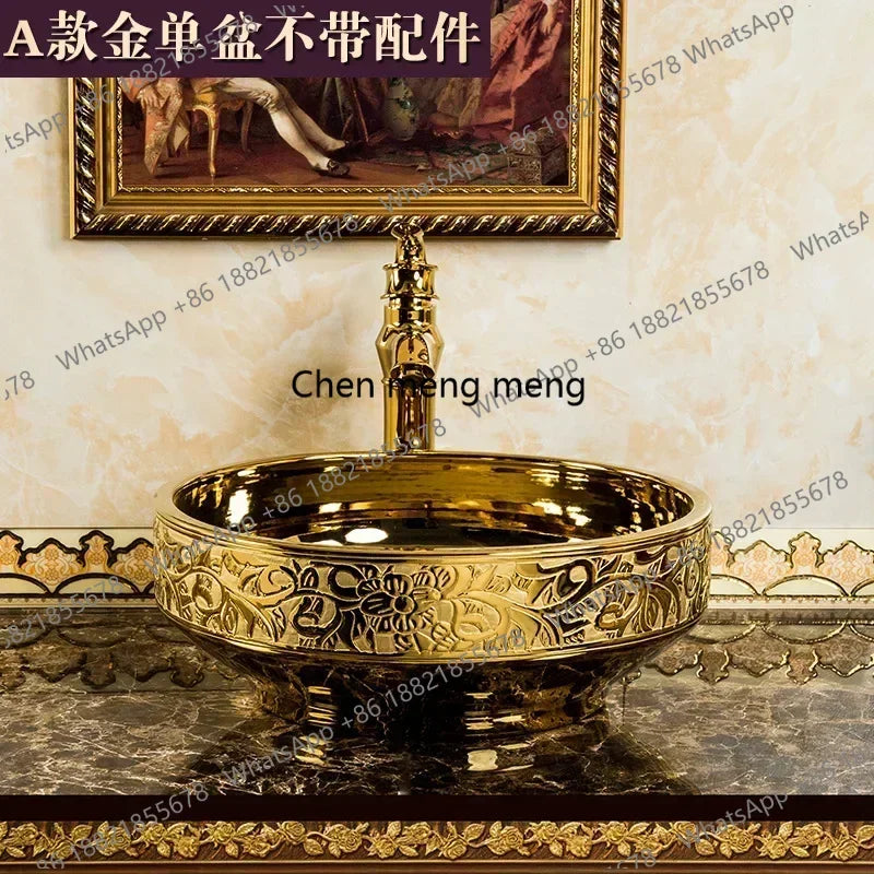 A17 Éviers de Salle de Bain de Luxe Dorés Céramique Maison Lavabo Créatif Toilettes Rondes Au-dessus du Comptoir Simple Salle de Bain Accesoire