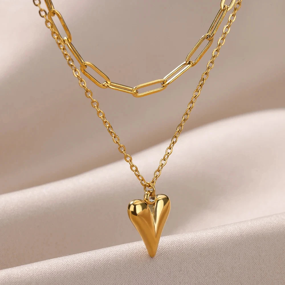 Colliers multicouches en forme de cœur pour femmes, en acier inoxydable, couleur or, pendentif œil maléfique, chaîne ras du cou, bijoux de mariage, cadeau
