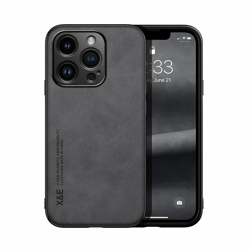 Étui en cuir de luxe pour iPhone 17 16 16e 15 14 13 12 11 Pro Max Plus 12 13 Mini SE 8 7 Housse avec plaque métallique support voiture
