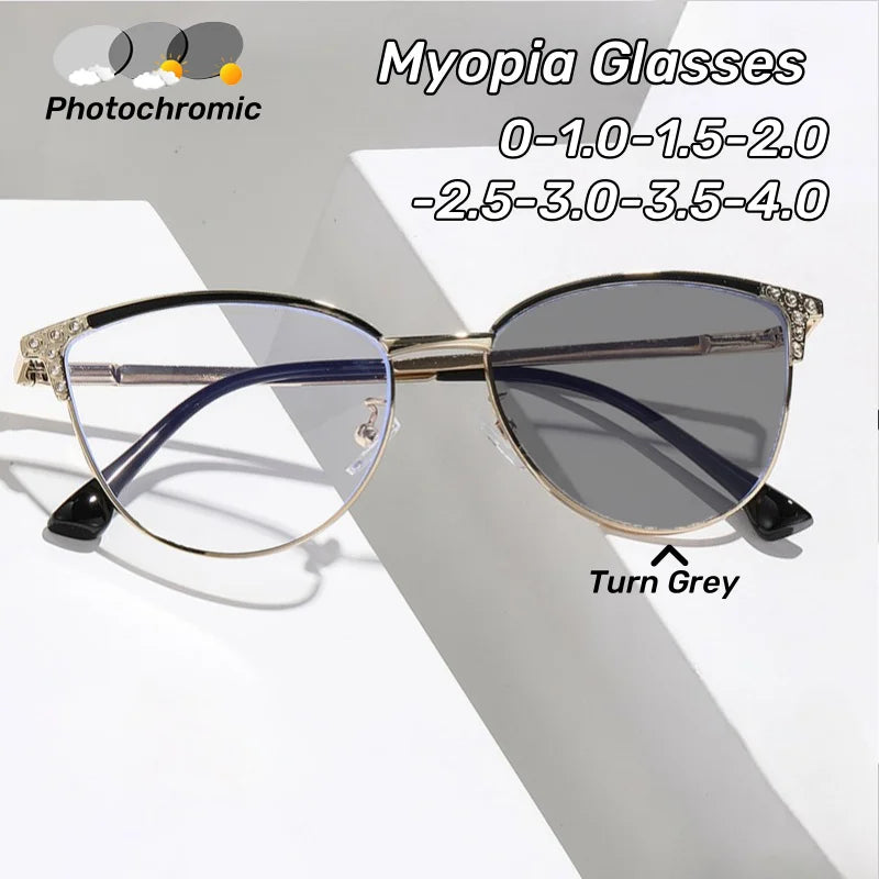 Retro Large Frame Photochromic Myopia Glasses Men's and Women's Anti-Blue Light Fashion Cat Eye Glasses Minus Diopter Eyeglasses