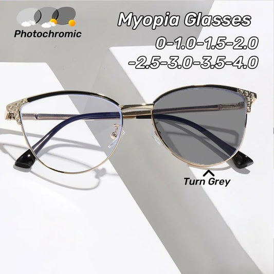 Retro Large Frame Photochromic Myopia Glasses Men's and Women's Anti-Blue Light Fashion Cat Eye Glasses Minus Diopter Eyeglasses