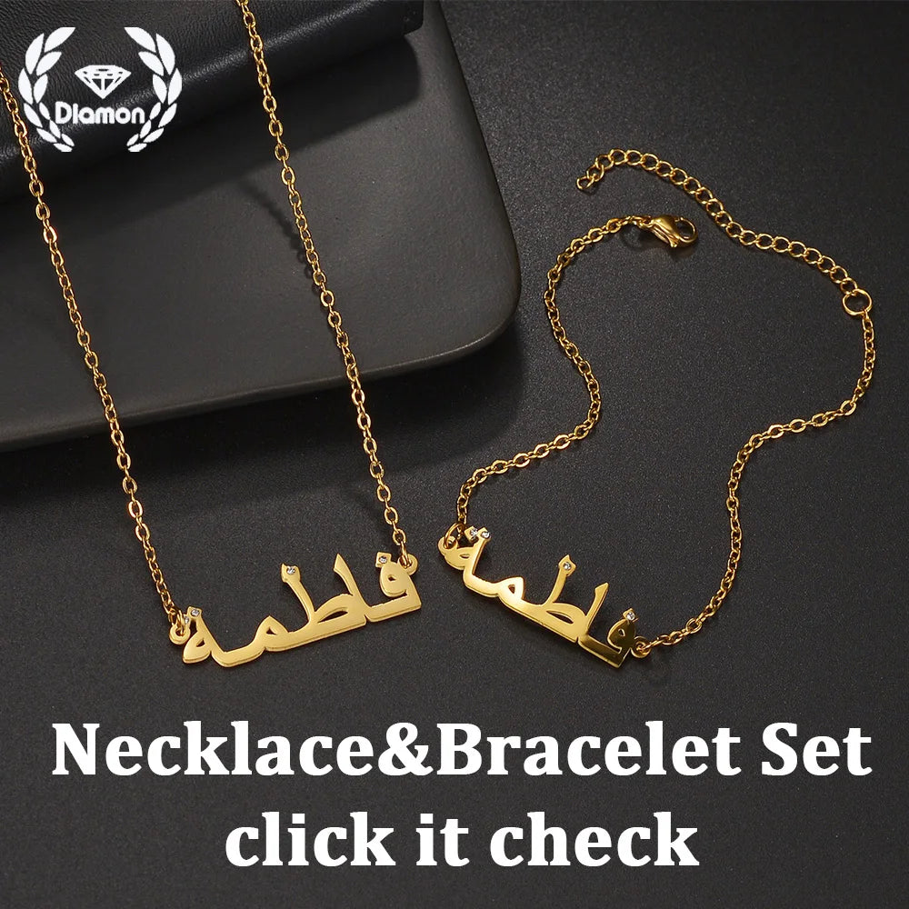 Diamon Collier personnalisé avec nom arabe en acier inoxydable pour femme – Pendentif avec nom zircon pour bébé – Ras du cou – Bijoux islamiques
