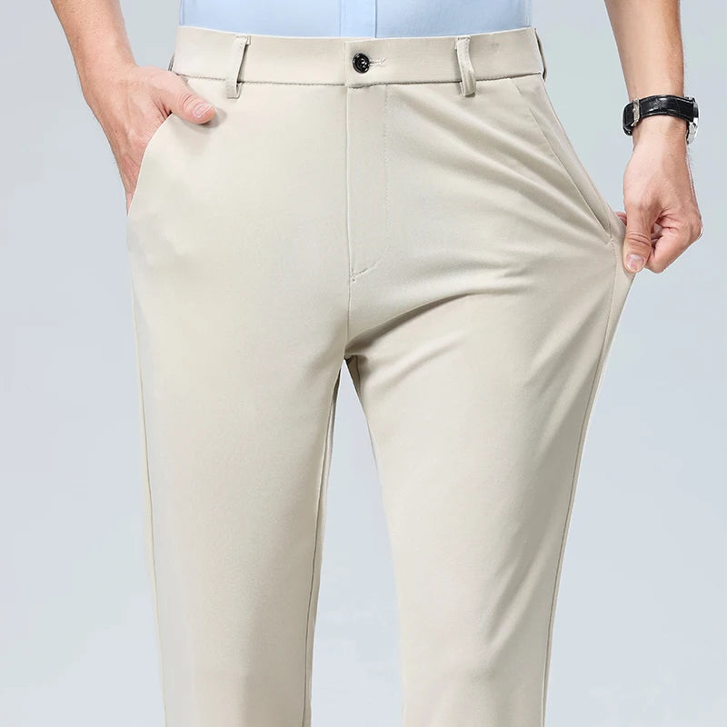 Pantalon Homme Printemps Été Coupe Droite Fin Costume de Ville Habillé Travail Décontracté Business Noir Rouge Vin Pantalon Long