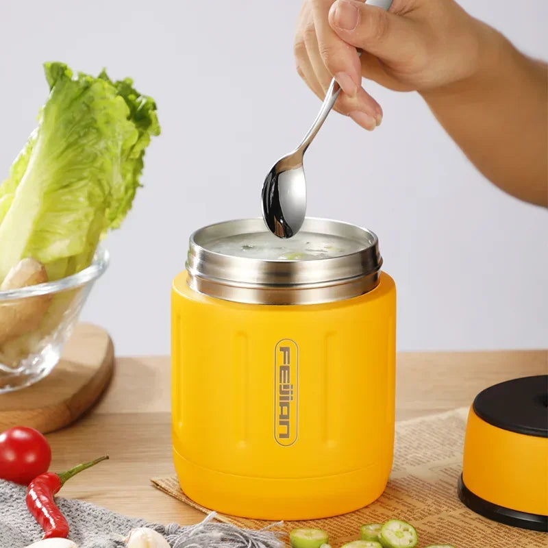 FEIJIAN 500ml Tragbare Vakuumflasche Essen Thermoskanne 316 Edelstahl Einfache Vakuumisolierte Lebensmittelbox mit Löffel Kinder Lunchbox