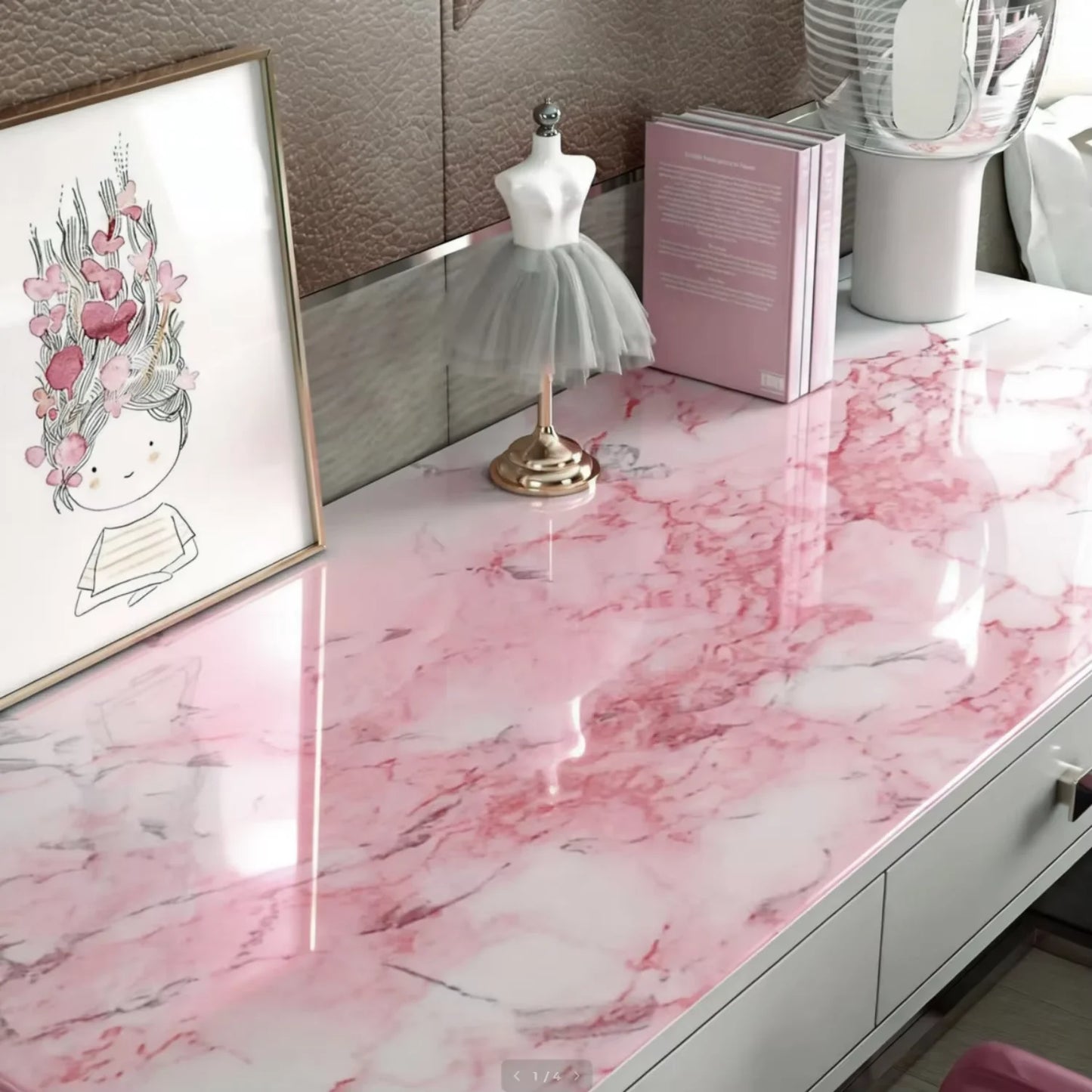 Papier Adhésif Marbre Rose Brillant Auto-Adhésif Comptoir de Cuisine Papier Peint Granit Imperméable Anti-Huile Autocollant pour Décoration d'Intérieur