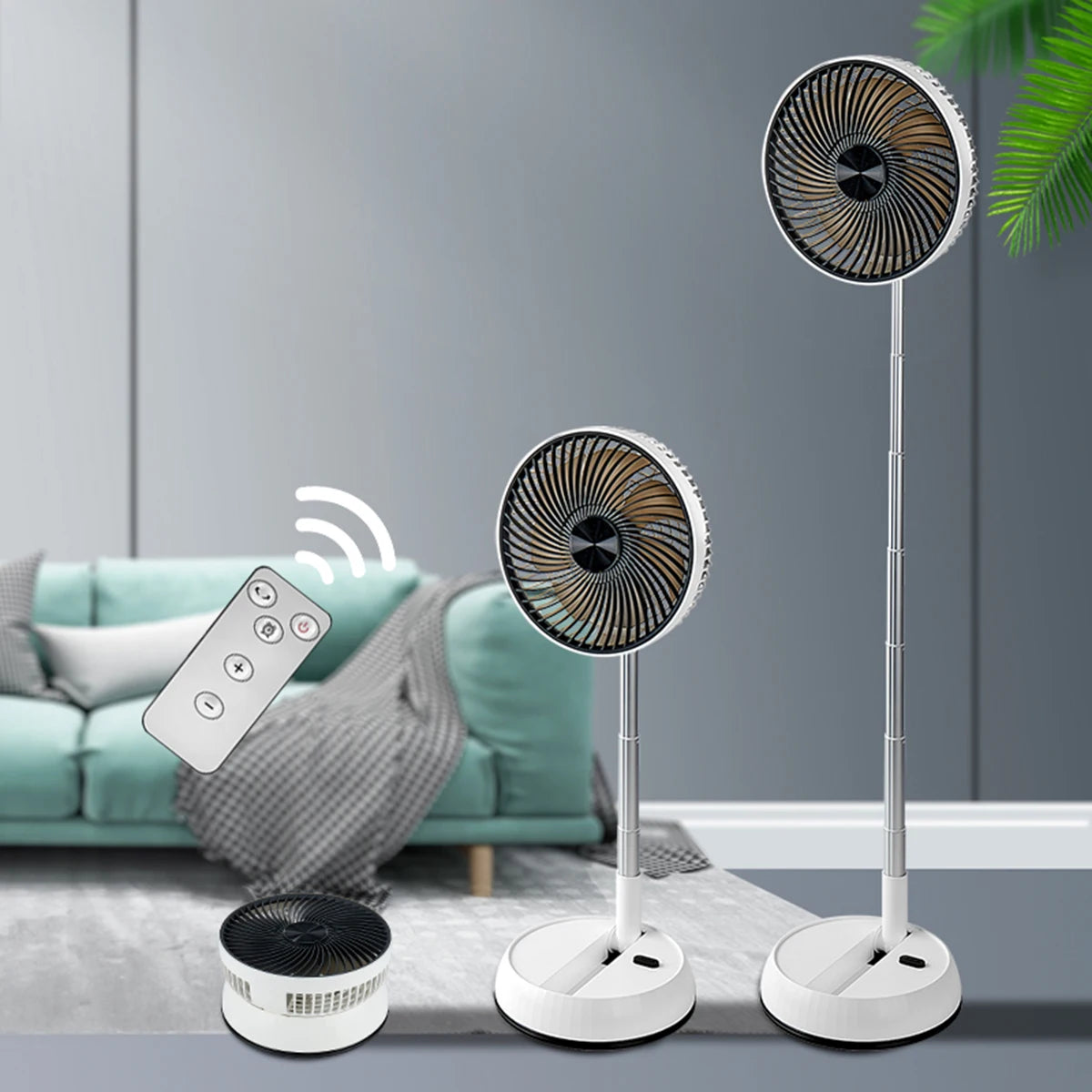 Tragbarer oszillierender Standventilator mit Fernbedienung, faltbarer Tischventilator, akkubetriebener Standventilator für Camping