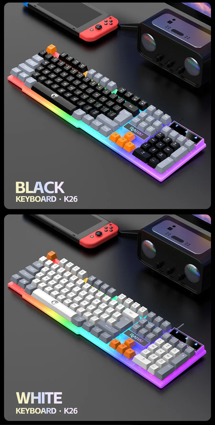 Clavier unique et souris de clavier RAIKU T26 Souris de clavier lumineuse trois tons Clavier de jeu tactile mécanique filaire