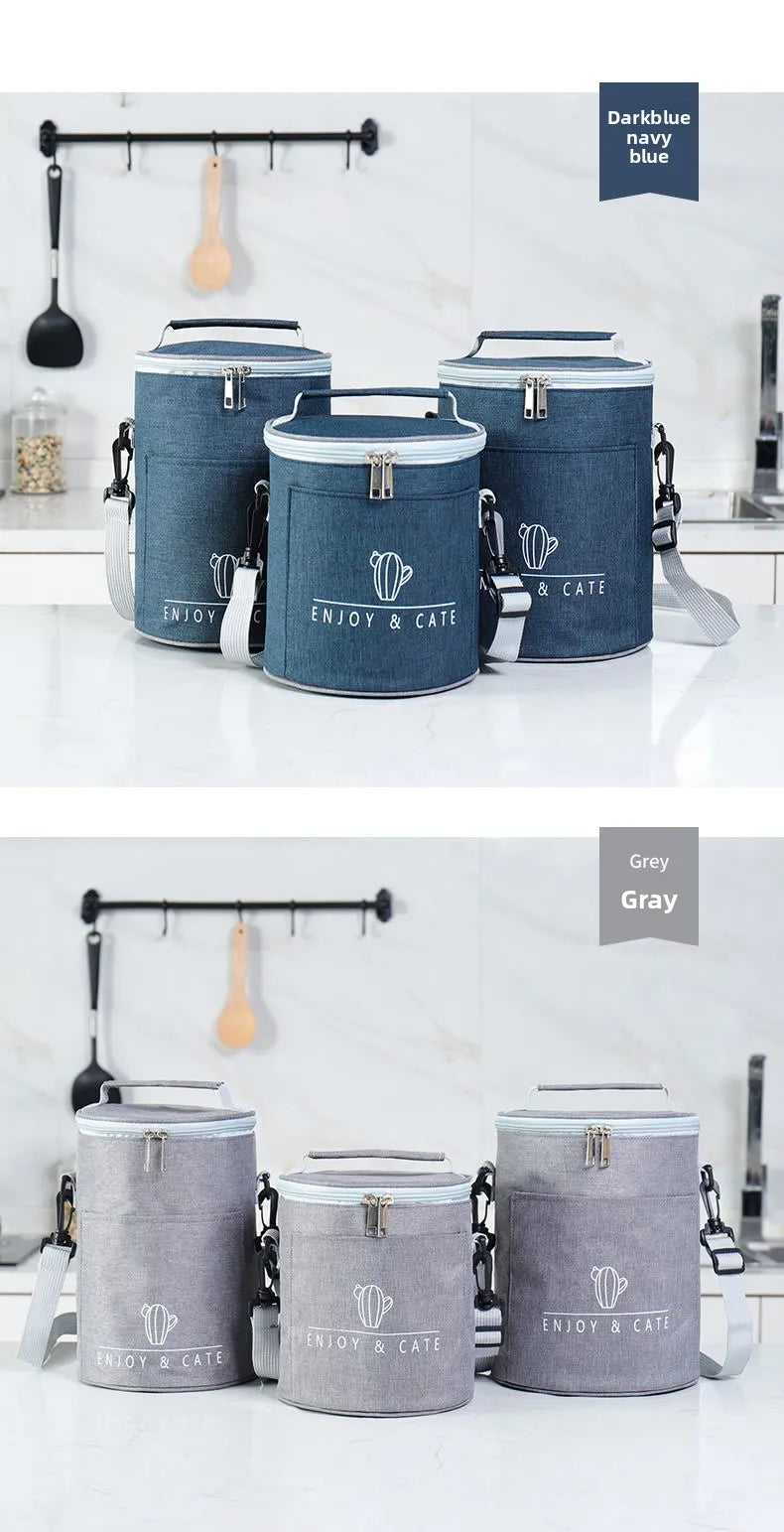 Große runde Thermische Lunchtasche Verdickte Aluminiumfolie Isolierte Bento-Tasche mit Reisbehälter Wärmetasche Mahlzeitenbeutel Oxford T...