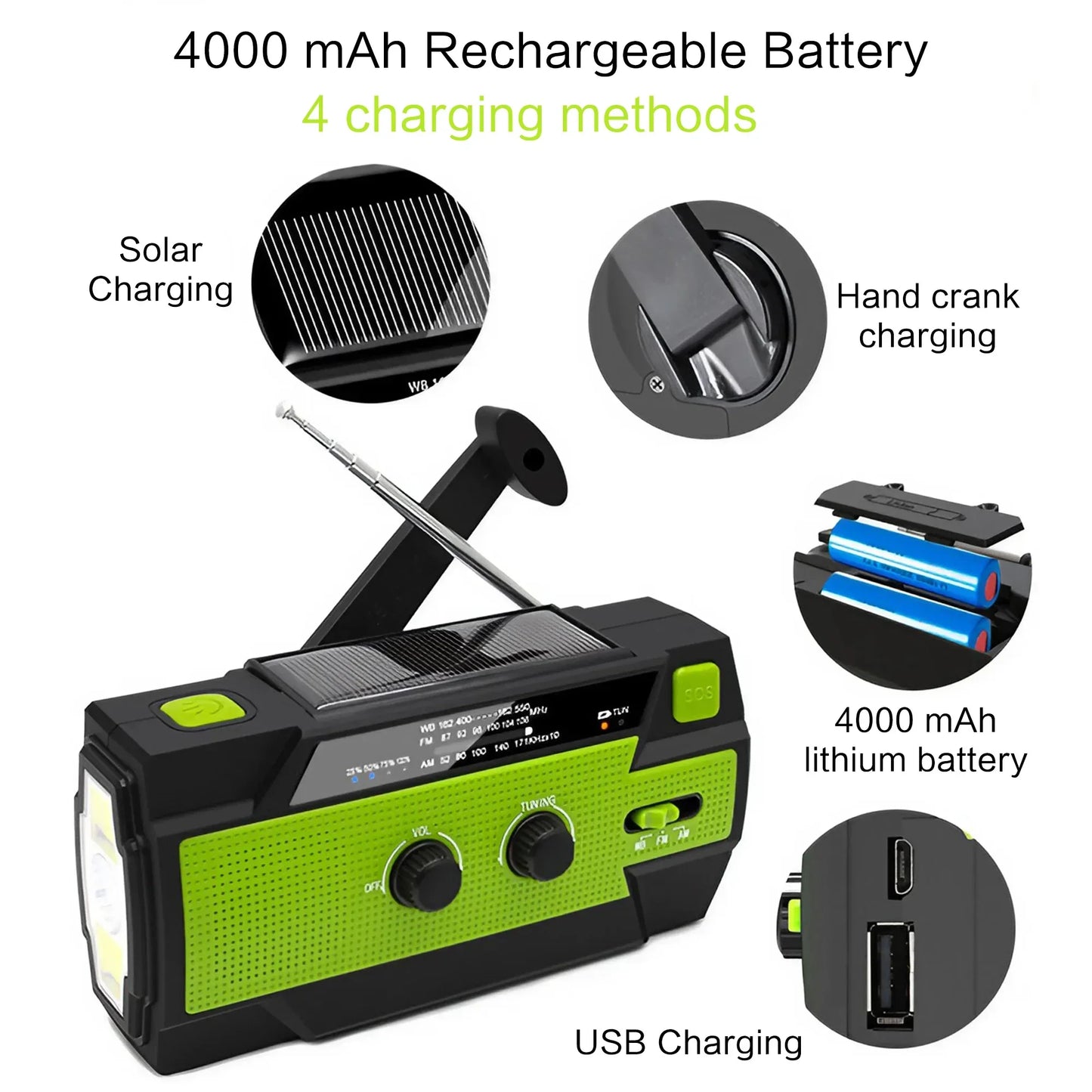 Wetterradio Notfall Multifunktionales Radio FM AM WB Handkurbel Solar USB-Ladefunktion 2000mAh Powerbank LED Taschenlampe