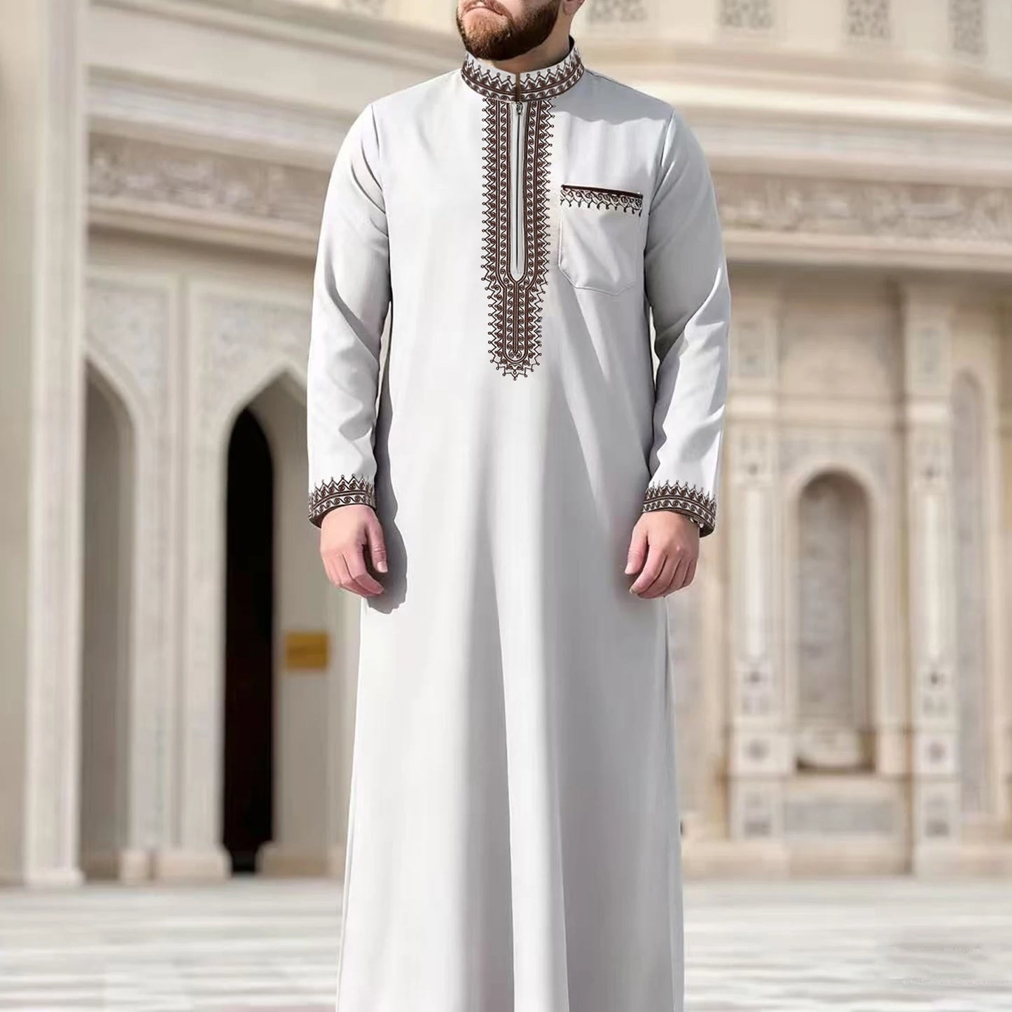 Thobe marocain pour hommes, manches longues, style ethnique brodé, col montant, fermeture éclair, abaya arabe tendance pour hommes musulmans