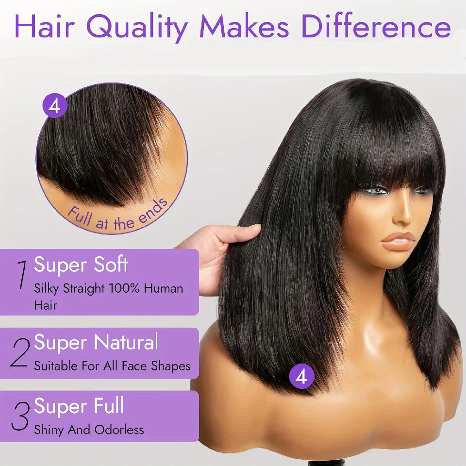 Gerade kurze Bob-Perücke mit Pony Vietnamesisches 100% Echthaar Double Drawn Bob Perücken Kleberlose Glatte Perücken Im Ausverkauf 180%