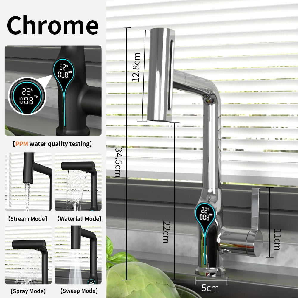 Robinet de lavabo numérique avec affichage de la température Cascade, pulvérisateur à jet relevable haut et bas, mélangeur chaud/froid pour salle de bain