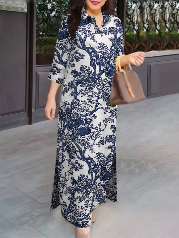 ZANZEA Robe longue à manches 3/4 pour femme, collection automne 2024, robe-chemise en coton avec col à revers, imprimé floral vintage, robe longue, nouveauté