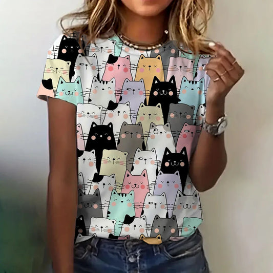 Women's T-shirt 3D Cat Print Clothing Summer Crew Neck Fashion Short Sleeves Elegant Casual Top Loose T-shirt Women's Clothing