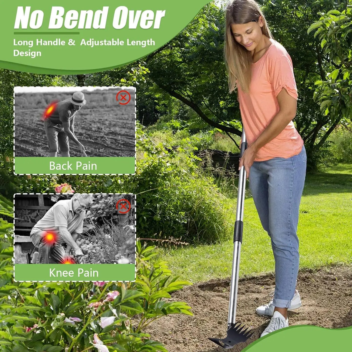 Bêche double usage tout acier avec manche réglable, râteau de jardin portatif domestique, pelle de désherbage, petite houe multifonctionnelle