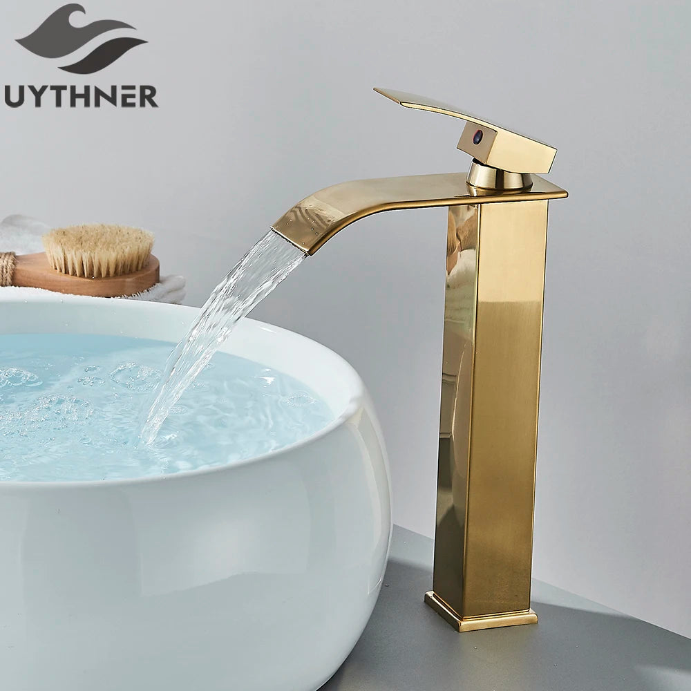 Robinet de Lavabo Doré Brossé, Élégant Robinet Cascade pour Salle de Bain, Mitigeur Monocommande en Laiton à Fixation sur Plan