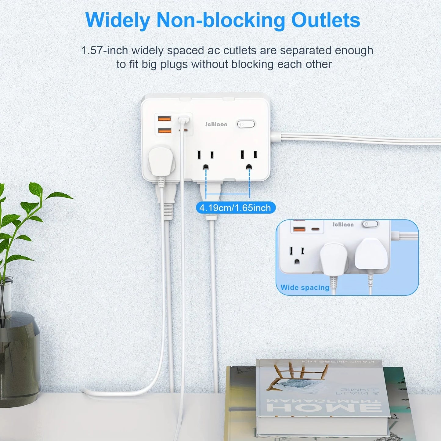 Ultraflaches Flachstecker-Verlängerungskabel mit 4 USB-Anschlüssen (2 USB C), 1,5 m Überspannungsschutz-Steckdosenleiste, 6 weit auseinander liegende Steckdosen