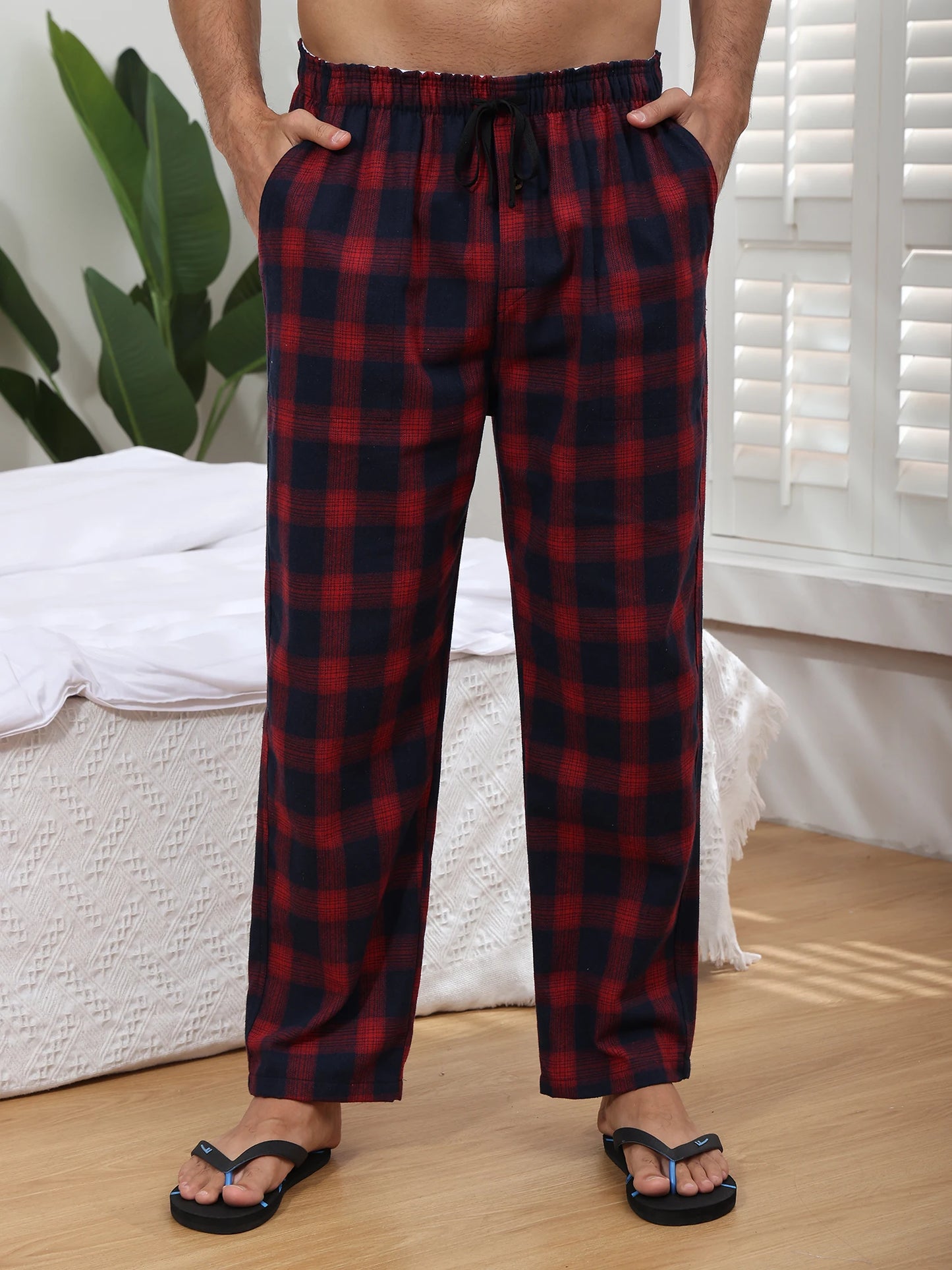 Pyjama Homme 3 Pièces Coton Carreaux, Pantalon de Pyjama Long Carreaux avec Taille Élastique pour Homme