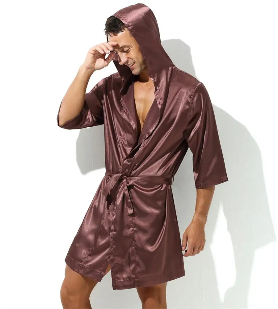 Sexy Nachtwäsche Herren Bademäntel Weich Seidig Kurzarm-Nachthemd Herren Hauskleidung Morgenmantel Herren Schlafanzug (Ohne Shorts)