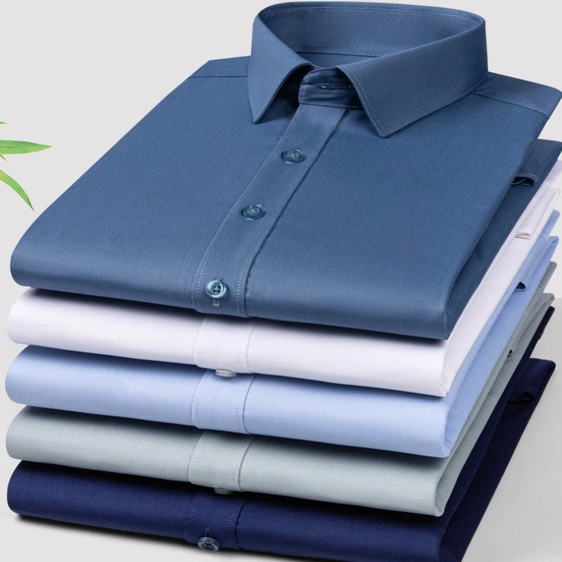 Chemise de Travail Blanche Homme en Fibre de Bambou Bleue 8XL Manches Longues Bureau Affaires Anti-rides Infroissable Décontractée